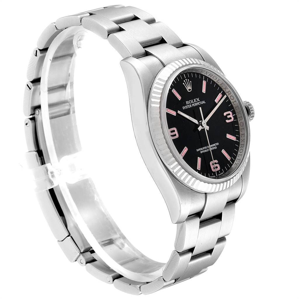 The image shows a side angle view of the Rolex Oyster Perpetual 116034 Men
s Stainless Steel Black Dial 116034 Men
s Stainless Steel Black Dial watch, displaying the bezel, dial, and bracelet.