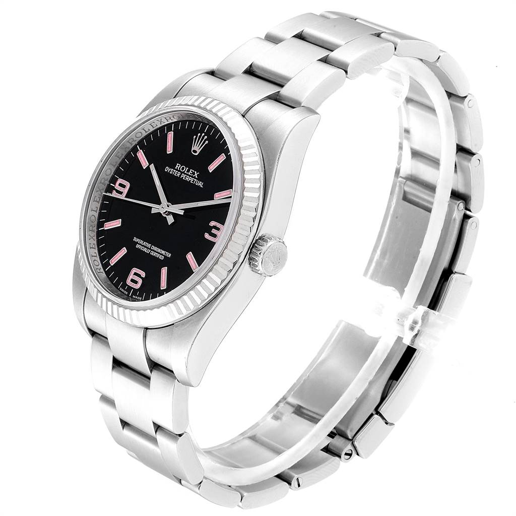 The Rolex Oyster Perpetual 116034 Men
s Stainless Steel Black Dial 116034 Men
s Stainless Steel Black Dial watch is shown at a three-quarter angle, highlighting the face, case, bracelet, and crown.