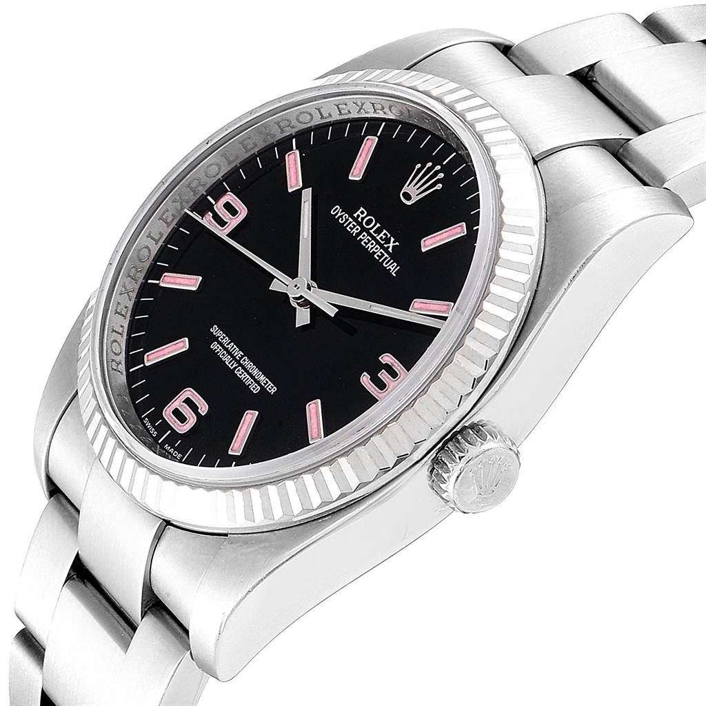 The image shows a close-up, angled side view of the Rolex Oyster Perpetual 116034 Men
s Stainless Steel Black Dial 116034 Men
s Stainless Steel Black Dial watch, highlighting the bezel, crown, and part of the bracelet.