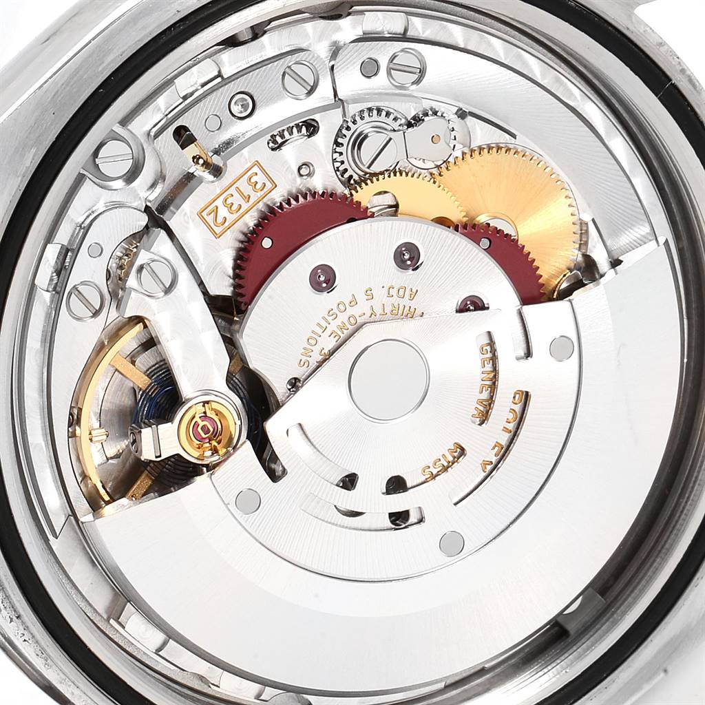 This is a close-up view of the movement and internal mechanics of the Rolex Oyster Perpetual 114300 Men
s Stainless Steel Burgundy Dial 114300 Men
s Stainless Steel Burgundy Dial model watch.
