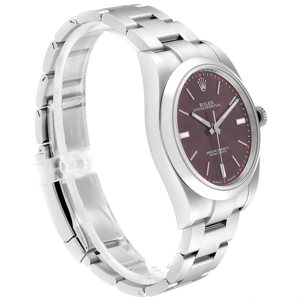 The image shows a side view of the Rolex Oyster Perpetual 114300 Men
s Stainless Steel Burgundy Dial 114300 Men
s Stainless Steel Burgundy Dial watch, highlighting the case, crown, and bracelet.