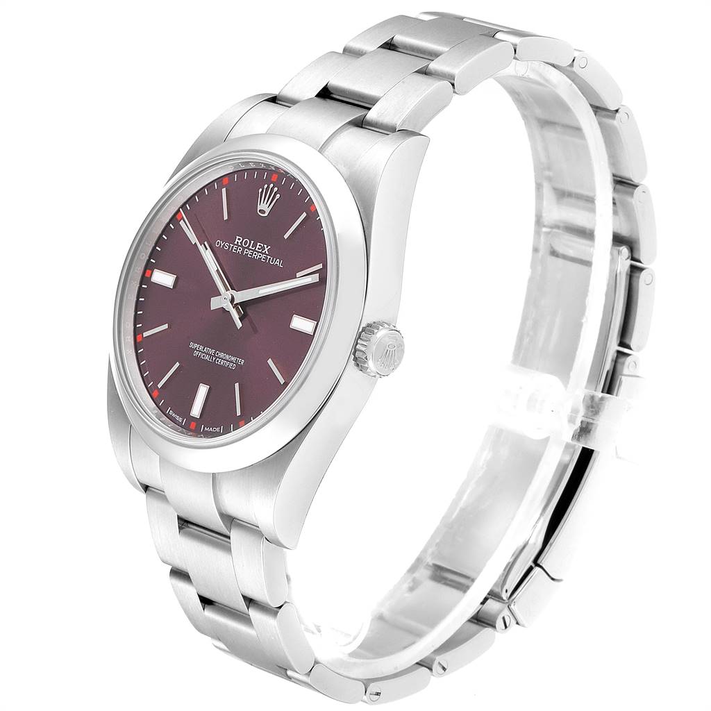 The image shows a Rolex Oyster Perpetual 114300 Men
s Stainless Steel Burgundy Dial 114300 Men
s Stainless Steel Burgundy Dial watch at an oblique angle, displaying the dial, bezel, crown, and bracelet.
