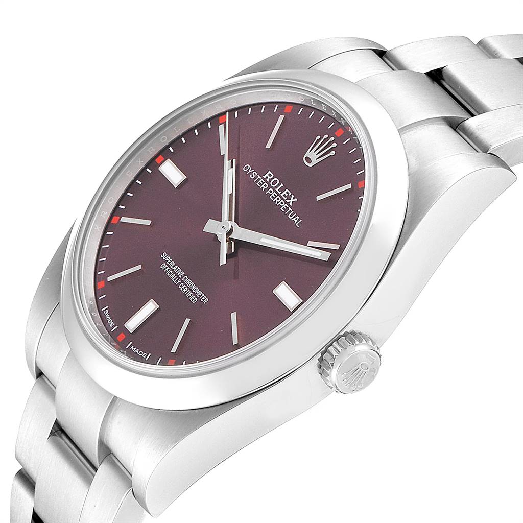 This image shows a side angle of a Rolex Oyster Perpetual 114300 Men
s Stainless Steel Burgundy Dial 114300 Men
s Stainless Steel Burgundy Dial watch, displaying the case, dial, and part of the bracelet.