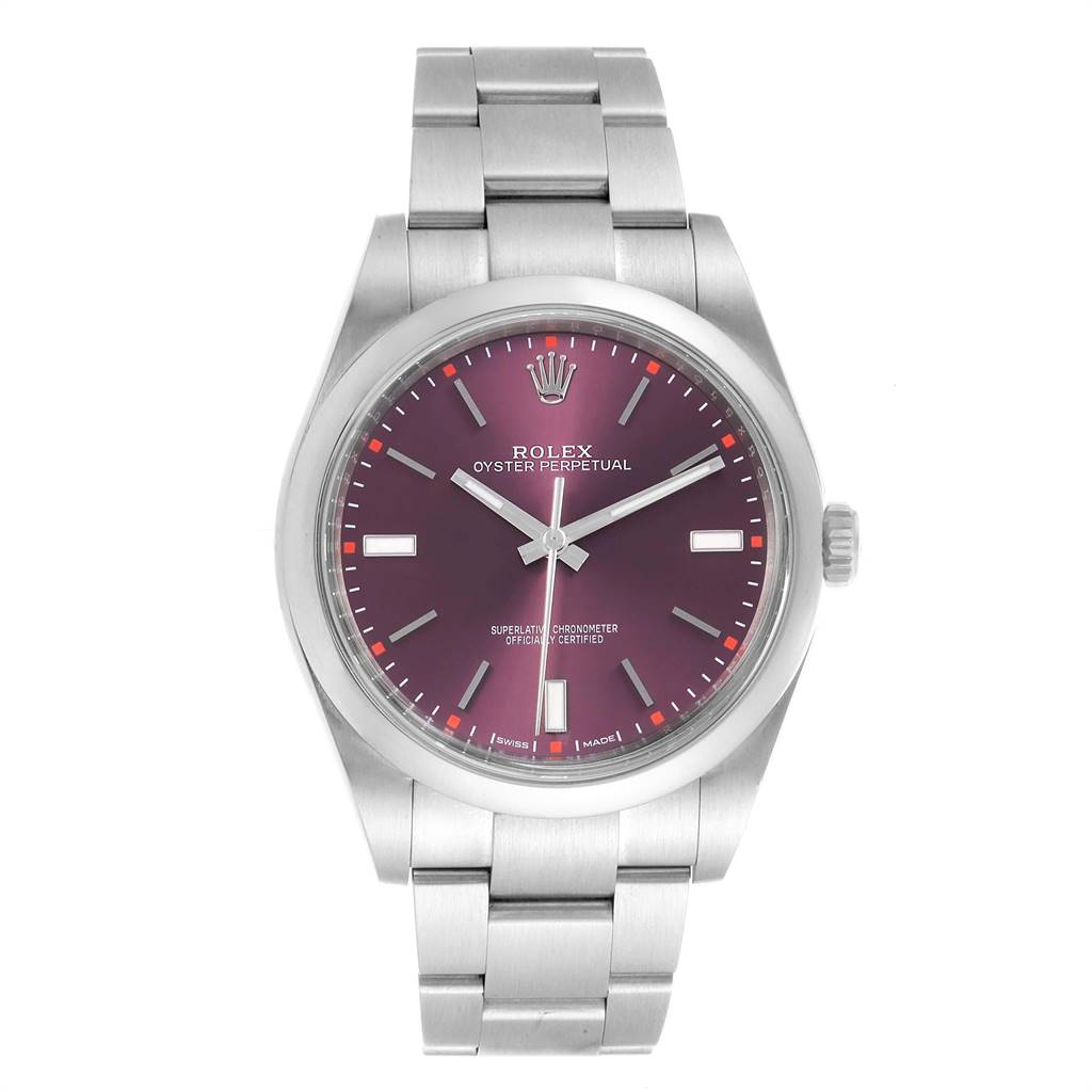 The Rolex Oyster Perpetual 114300 Men
s Stainless Steel Burgundy Dial 114300 Men
s Stainless Steel Burgundy Dial watch is shown from a front angle, displaying its dial, case, and bracelet.