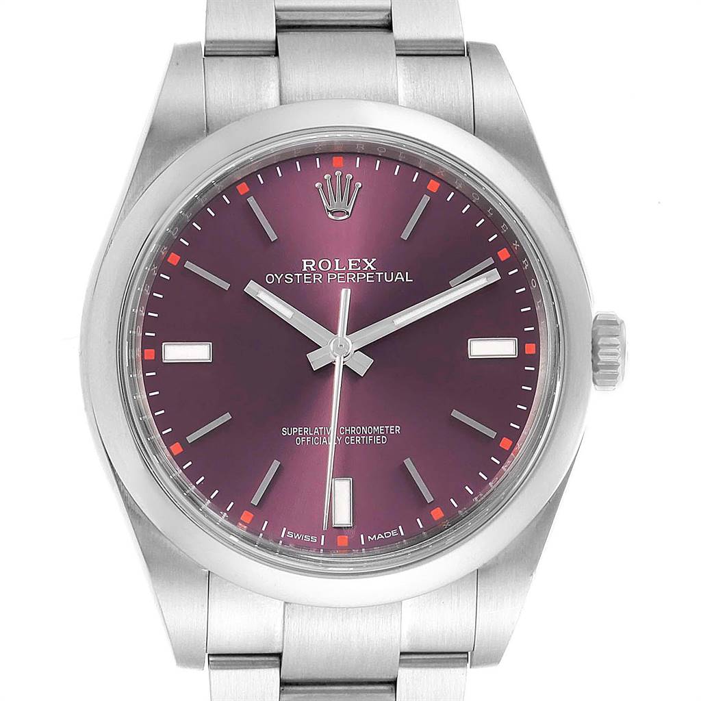 The image shows a front view of a Rolex Oyster Perpetual 114300 Men
s Stainless Steel Burgundy Dial 114300 Men
s Stainless Steel Burgundy Dial watch, highlighting its purple dial, markers, hands, and stainless steel bracelet.