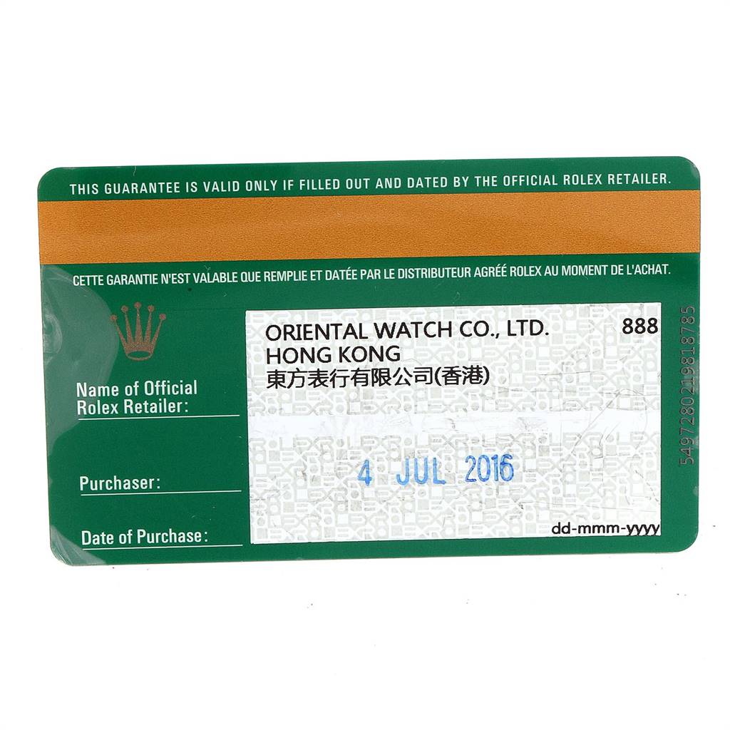 This image shows the warranty card for a Rolex Oyster Perpetual 114200 Men
s Stainless Steel Champagne Dial 114200 Men
s Stainless Steel Champagne Dial watch purchased on July 4, 2016.