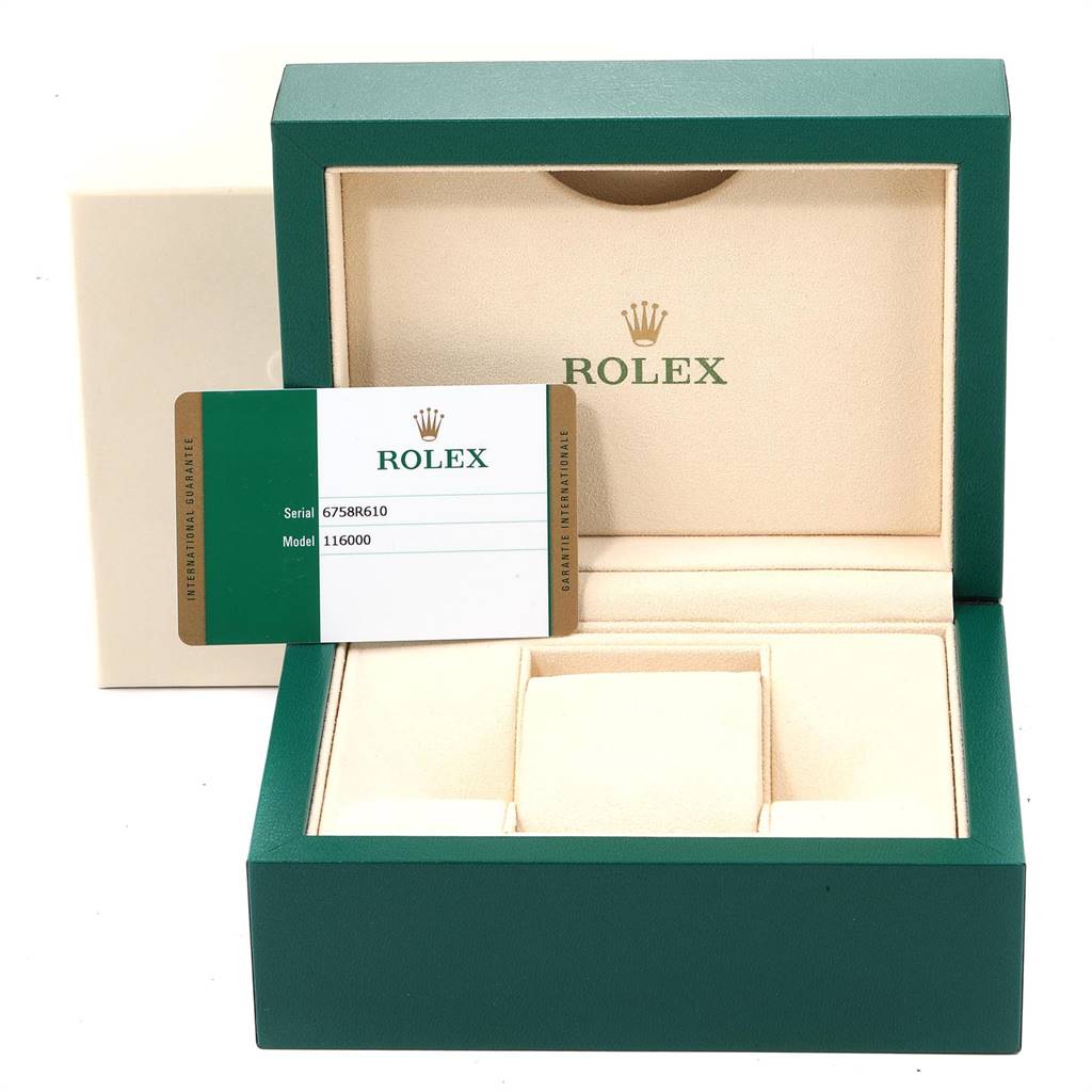 The image shows an open Rolex Oyster Perpetual 116000 Men's Stainless Steel Champagne Dial 116000 Men's Stainless Steel Champagne Dial watch box with an international guarantee card.