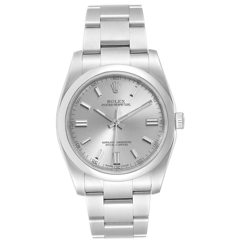 The image shows a front view of the Rolex Oyster Perpetual 116000 Men's Stainless Steel Grey Dial 116000 Men's Stainless Steel Grey Dial watch, highlighting the dial, case, bezel, and bracelet.
