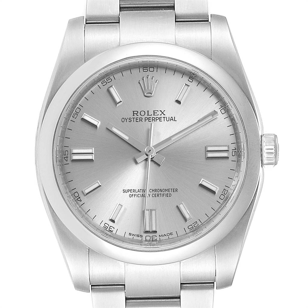 The image shows a frontal view of a Rolex Oyster Perpetual 116000 Men's Stainless Steel Grey Dial 116000 Men's Stainless Steel Grey Dial watch, highlighting the dial, bezel, and part of the bracelet.