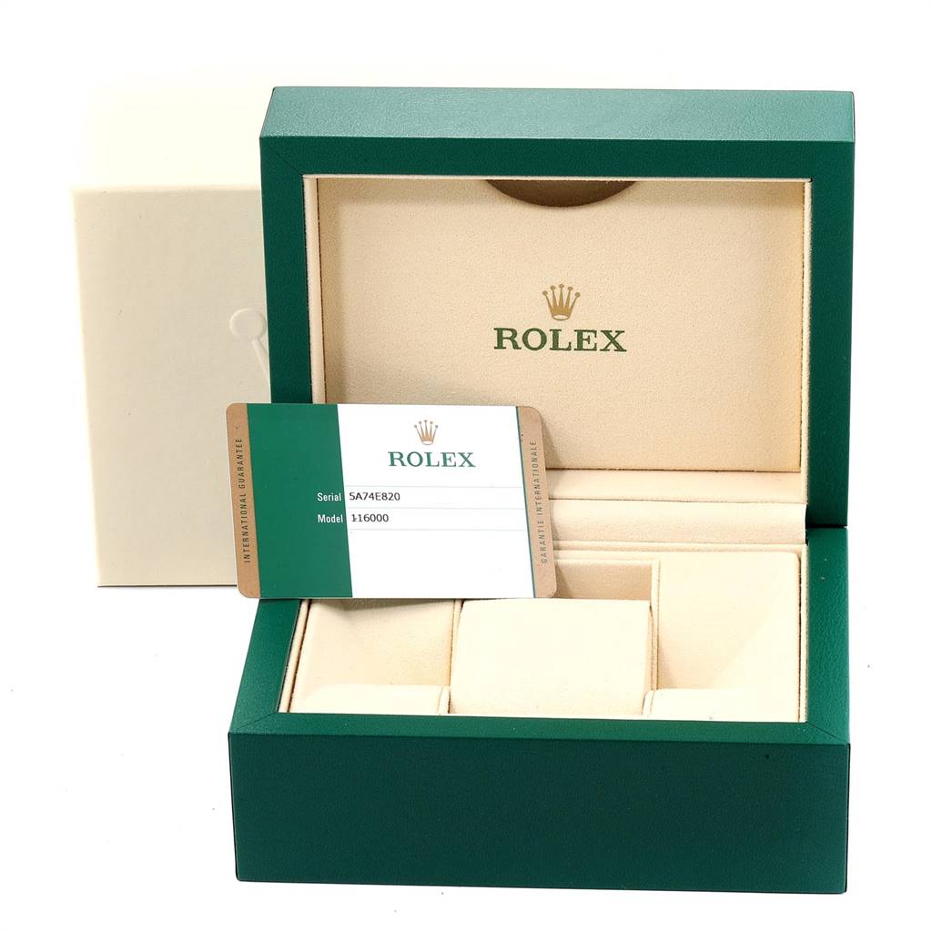 The image shows the open case and authentication card for a Rolex Oyster Perpetual 116000 Men's Stainless Steel Grey Dial 116000 Men's Stainless Steel Grey Dial model 116000.
