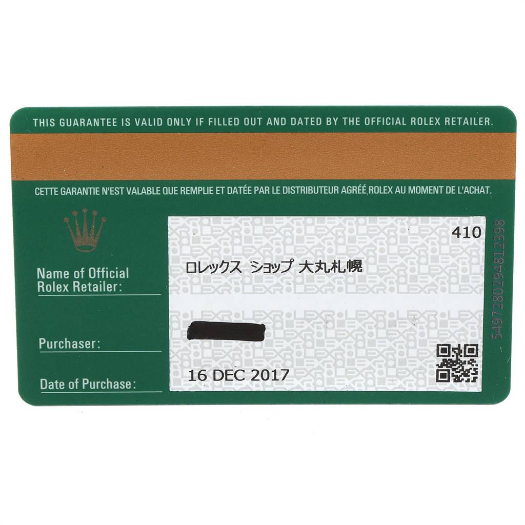 The image shows a Rolex Oyster Perpetual 116000 Men's Stainless Steel Grey Dial 116000 Men's Stainless Steel Grey Dial guarantee card with purchase details and retailer information.