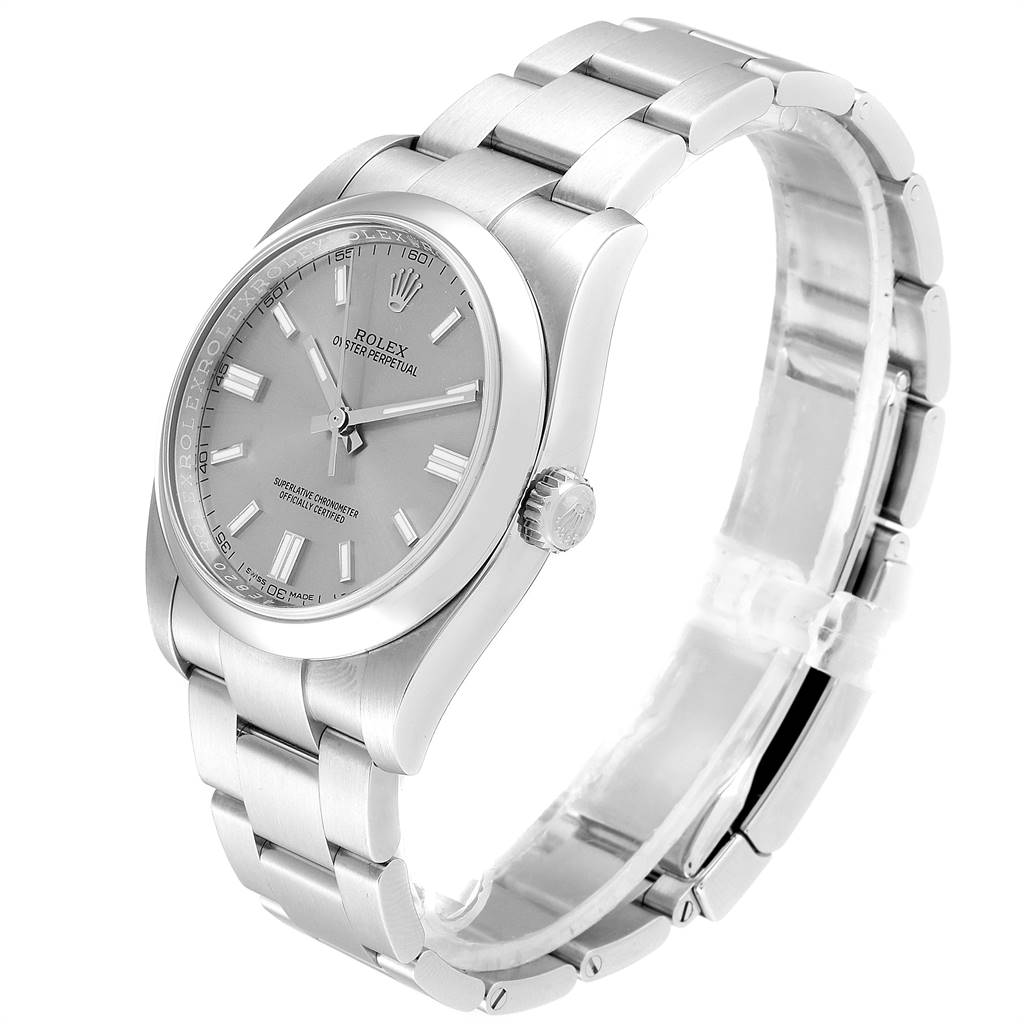 The image shows a Rolex Oyster Perpetual 116000 Men's Stainless Steel Grey Dial 116000 Men's Stainless Steel Grey Dial watch at a slight angle, highlighting the face, bezel, case, crown, and bracelet.