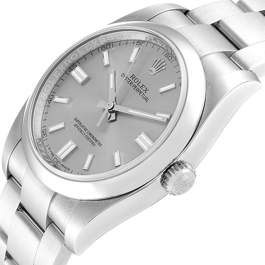 The image shows the Rolex Oyster Perpetual 116000 Men's Stainless Steel Grey Dial 116000 Men's Stainless Steel Grey Dial watch at a slight angle, highlighting the dial, bezel, and part of the bracelet.