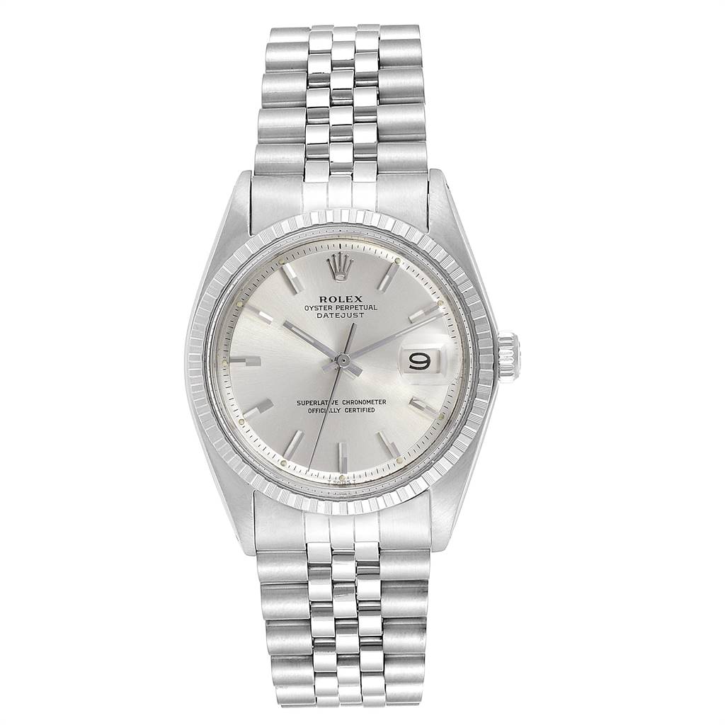 The image shows a front view of a Rolex Oyster Perpetual 1603 Men
s Stainless Steel Silver Dial 1603 Men
s Stainless Steel Silver Dial watch, highlighting its silver dial, bezel, and bracelet.