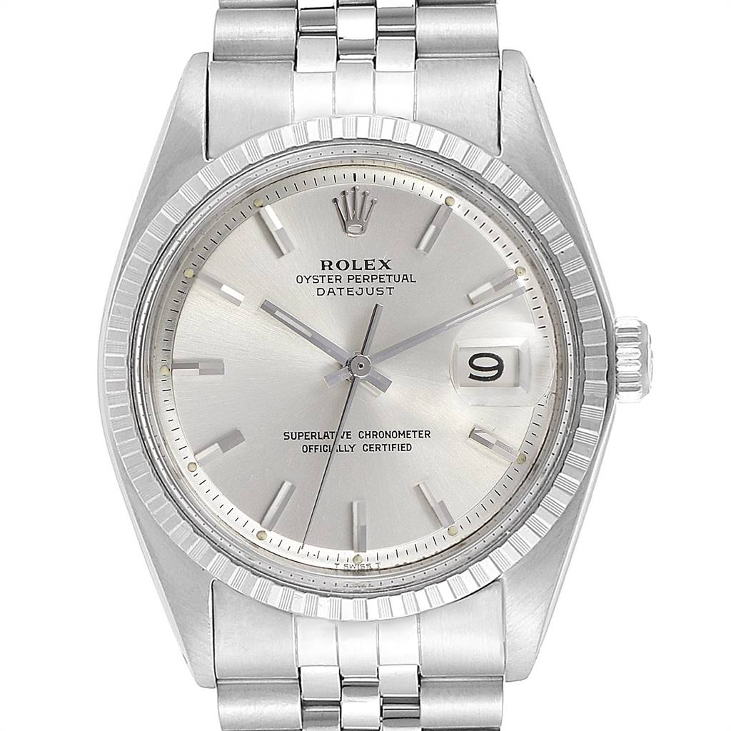 The Rolex Oyster Perpetual 1603 Men
s Stainless Steel Silver Dial 1603 Men
s Stainless Steel Silver Dial Datejust watch is shown from a frontal angle, displaying its dial, bezel, case, and bracelet.
