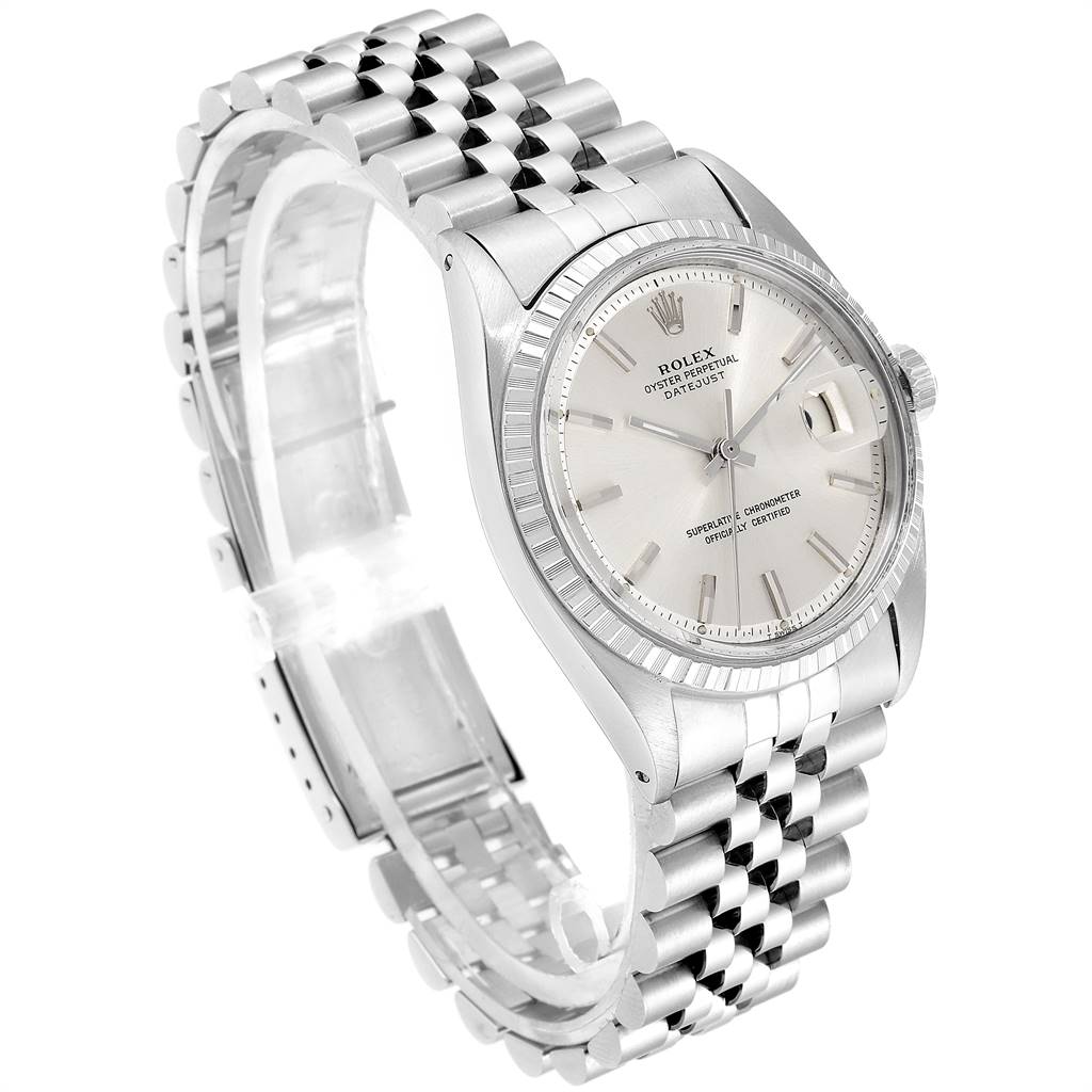 The image shows a Rolex Oyster Perpetual 1603 Men
s Stainless Steel Silver Dial 1603 Men
s Stainless Steel Silver Dial watch from an angled view, highlighting the face, bezel, and partially open bracelet.