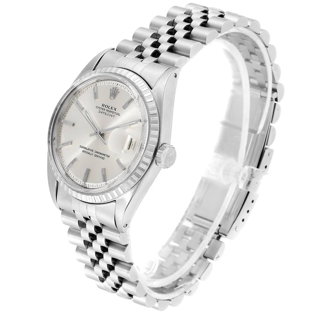 The image shows a side and front angle of a Rolex Oyster Perpetual 1603 Men
s Stainless Steel Silver Dial 1603 Men
s Stainless Steel Silver Dial watch, displaying the face and bracelet.