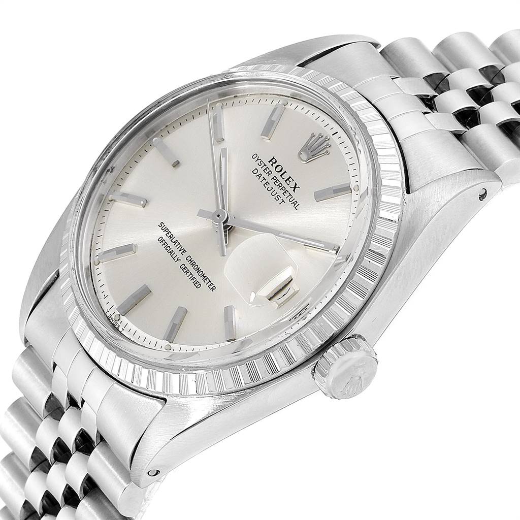 The image shows a close-up angle of a Rolex Oyster Perpetual 1603 Men
s Stainless Steel Silver Dial 1603 Men
s Stainless Steel Silver Dial watch face, bezel, crown, and part of the bracelet.