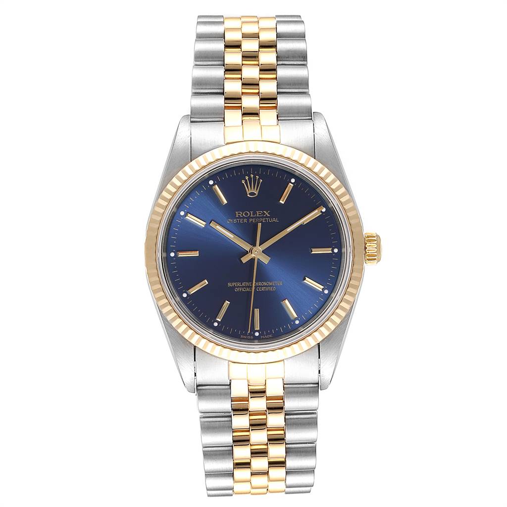 The image shows a front view of the Rolex Oyster Perpetual 14233 Men's Steel and Gold (two tone) Blue Dial 14233 Men's Steel and Gold (two tone) Blue Dial watch displaying the face, bezel, and bracelet.
