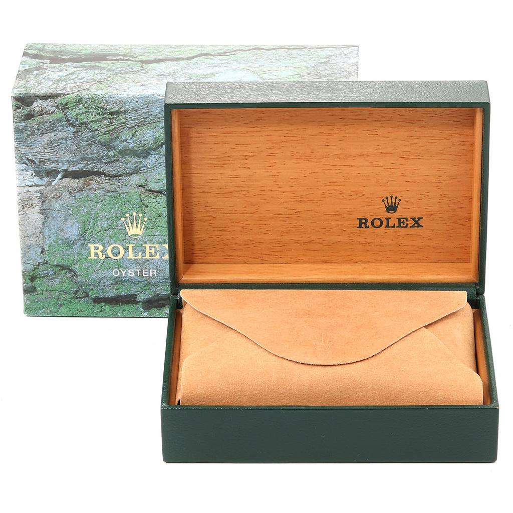 This image shows a Rolex Oyster Perpetual 14233 Men's Steel and Gold (two tone) Blue Dial 14233 Men's Steel and Gold (two tone) Blue Dial watch box with an inner leather pouch, viewed from the front.