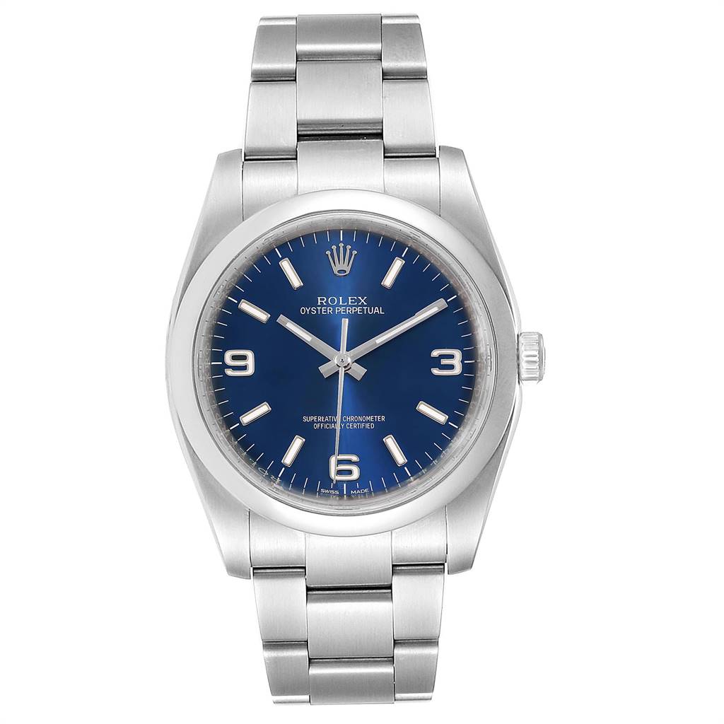 The image shows a front view of the Rolex Oyster Perpetual 116000 Men's Stainless Steel Blue Dial 116000 Men's Stainless Steel Blue Dial watch, prominently displaying the blue dial and stainless steel bracelet.