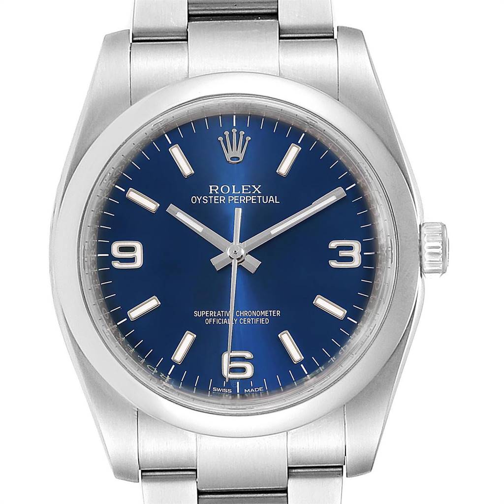 This image shows a front view of a Rolex Oyster Perpetual 116000 Men's Stainless Steel Blue Dial 116000 Men's Stainless Steel Blue Dial watch with a blue dial and silver bracelet.