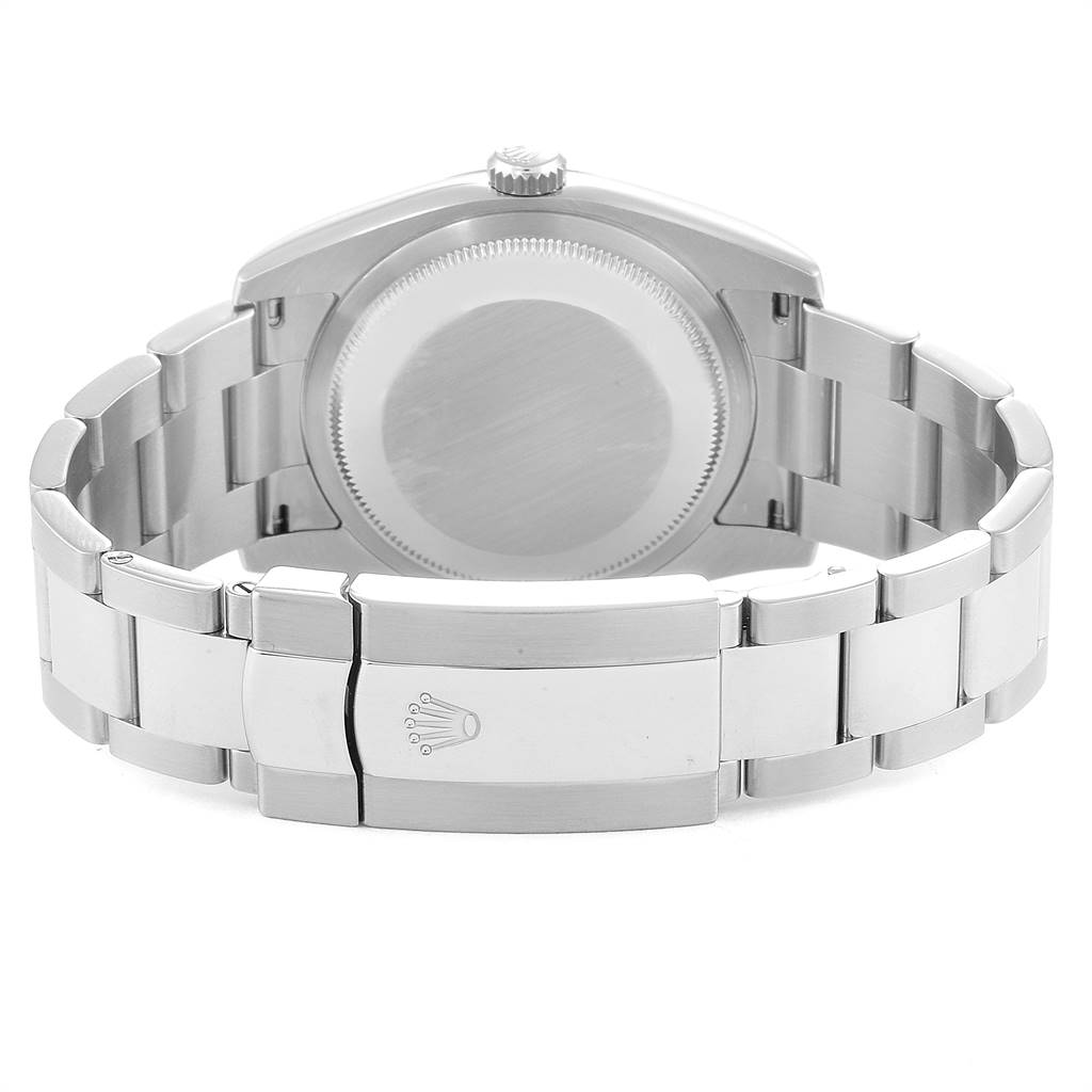 This image shows the back view of a Rolex Oyster Perpetual 116000 Men's Stainless Steel Blue Dial 116000 Men's Stainless Steel Blue Dial watch, highlighting the case back and clasp with the Rolex logo.