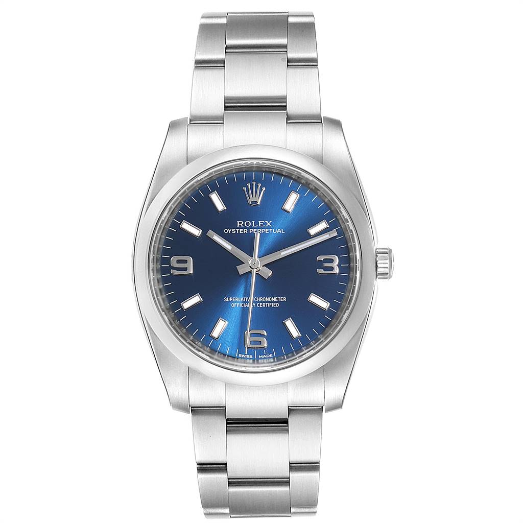 The Rolex Oyster Perpetual 114200 Men's Stainless Steel Blue Dial 114200 Men's Stainless Steel Blue Dial model is shown from a front angle, highlighting the blue dial, stainless steel bracelet, and crown.