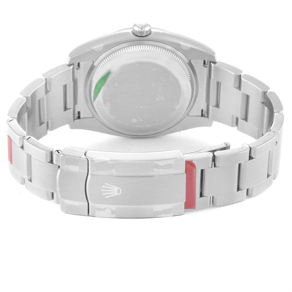 This image shows the back case, clasp, and bracelet of a Rolex Oyster Perpetual 114200 Men's Stainless Steel Blue Dial 114200 Men's Stainless Steel Blue Dial model from a rear angle.