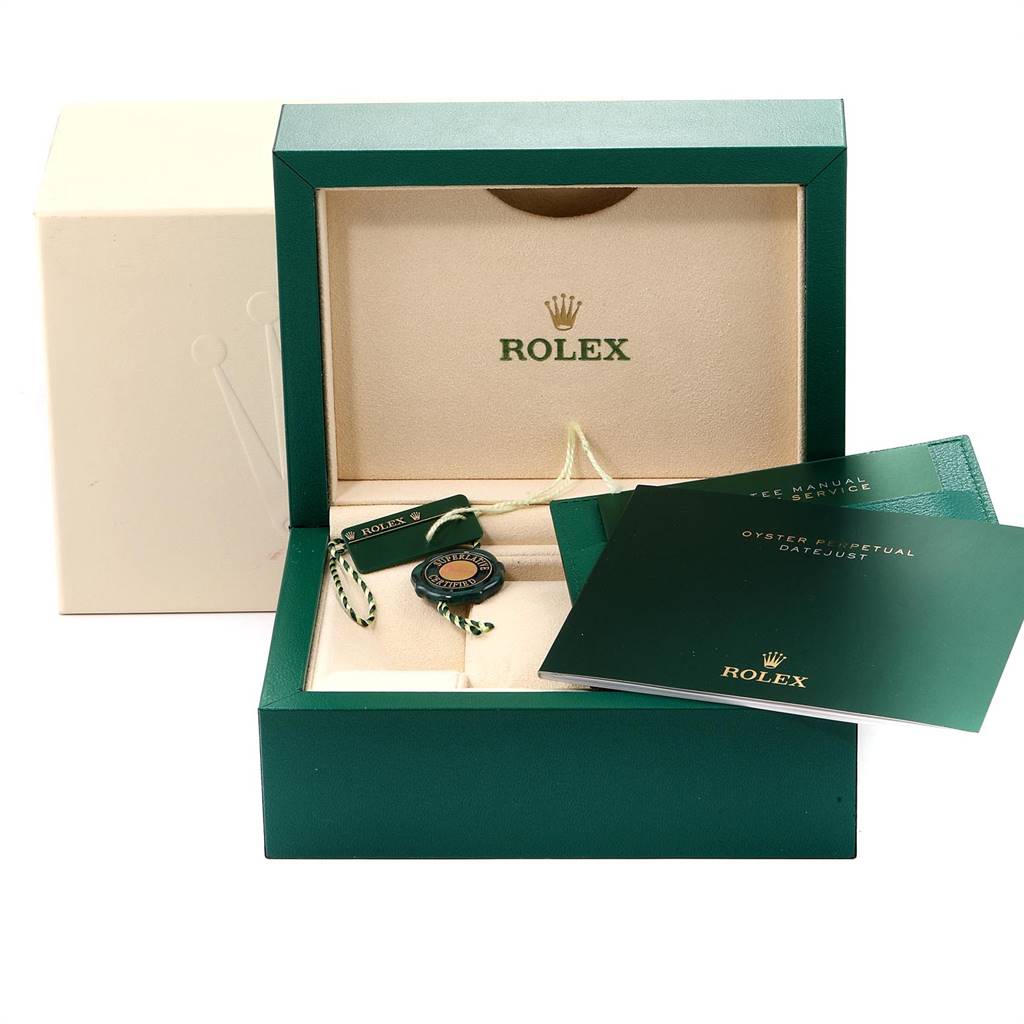 The image shows the open box for a Rolex Oyster Perpetual 114200 Men's Stainless Steel Burgundy Dial 114200 Men's Stainless Steel Burgundy Dial watch along with manuals and tags from a front angle.
