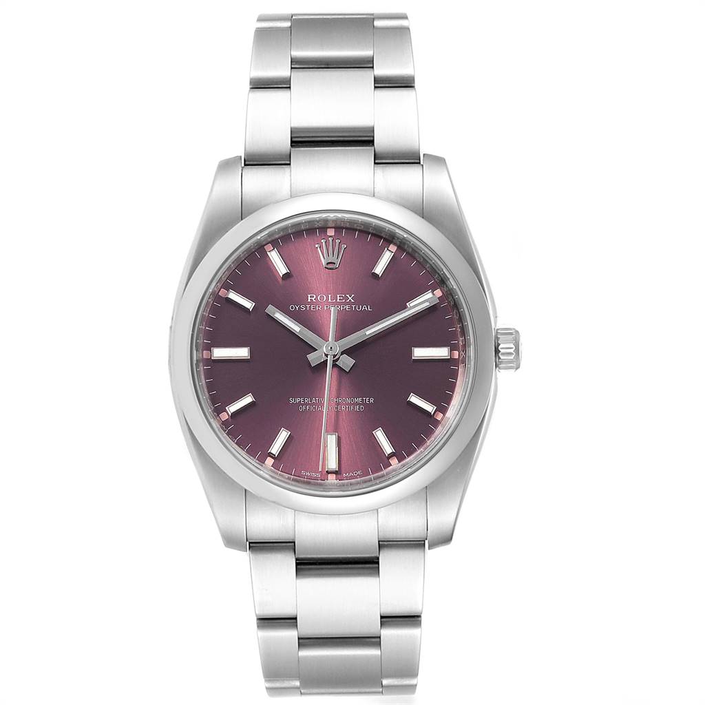 The image shows a front view of a Rolex Oyster Perpetual 114200 Men's Stainless Steel Burgundy Dial 114200 Men's Stainless Steel Burgundy Dial watch with a purple dial and stainless steel bracelet.