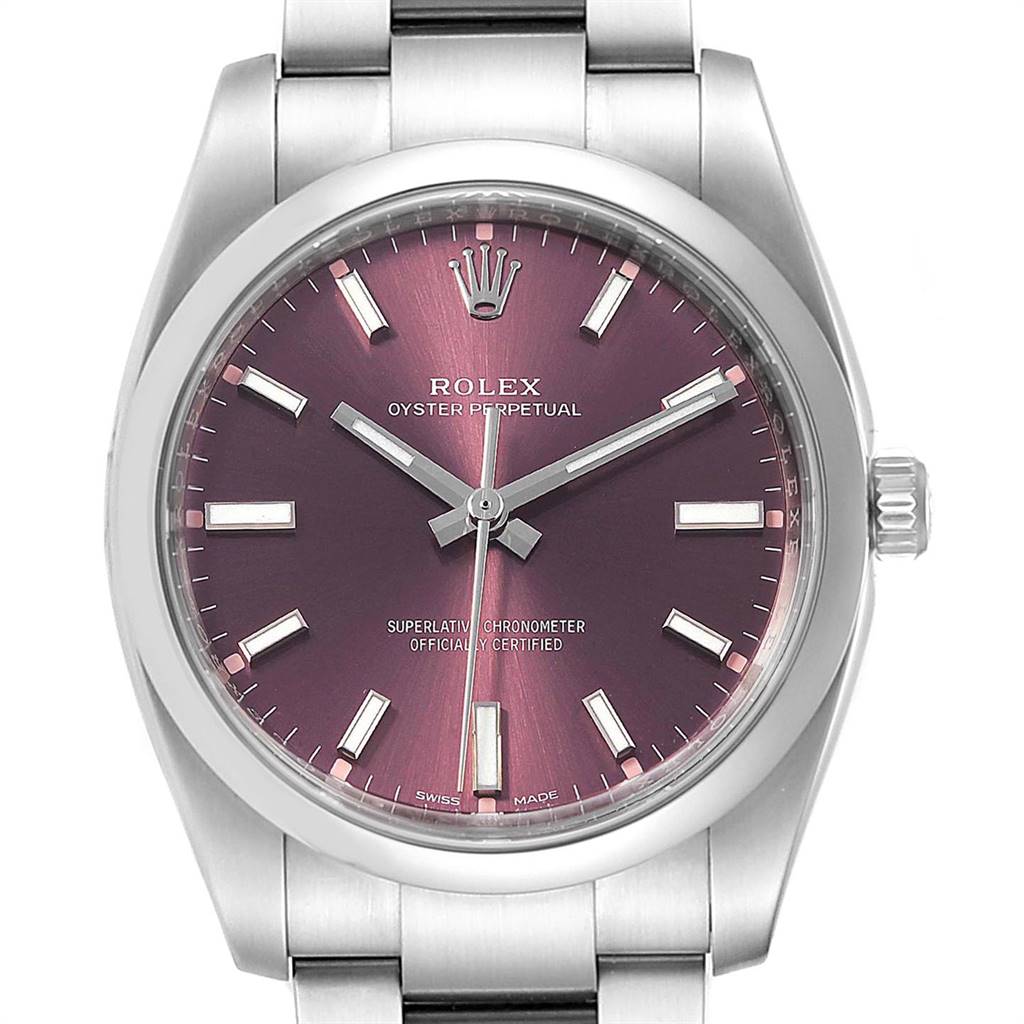 This image shows a front view of the Rolex Oyster Perpetual 114200 Men's Stainless Steel Burgundy Dial 114200 Men's Stainless Steel Burgundy Dial watch with a purple dial and metal bracelet.
