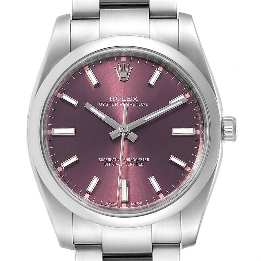 Rolex Oyster Perpetual 34mm Red Grape Dial Mens Watch 114200 Unworn SwissWatchExpo