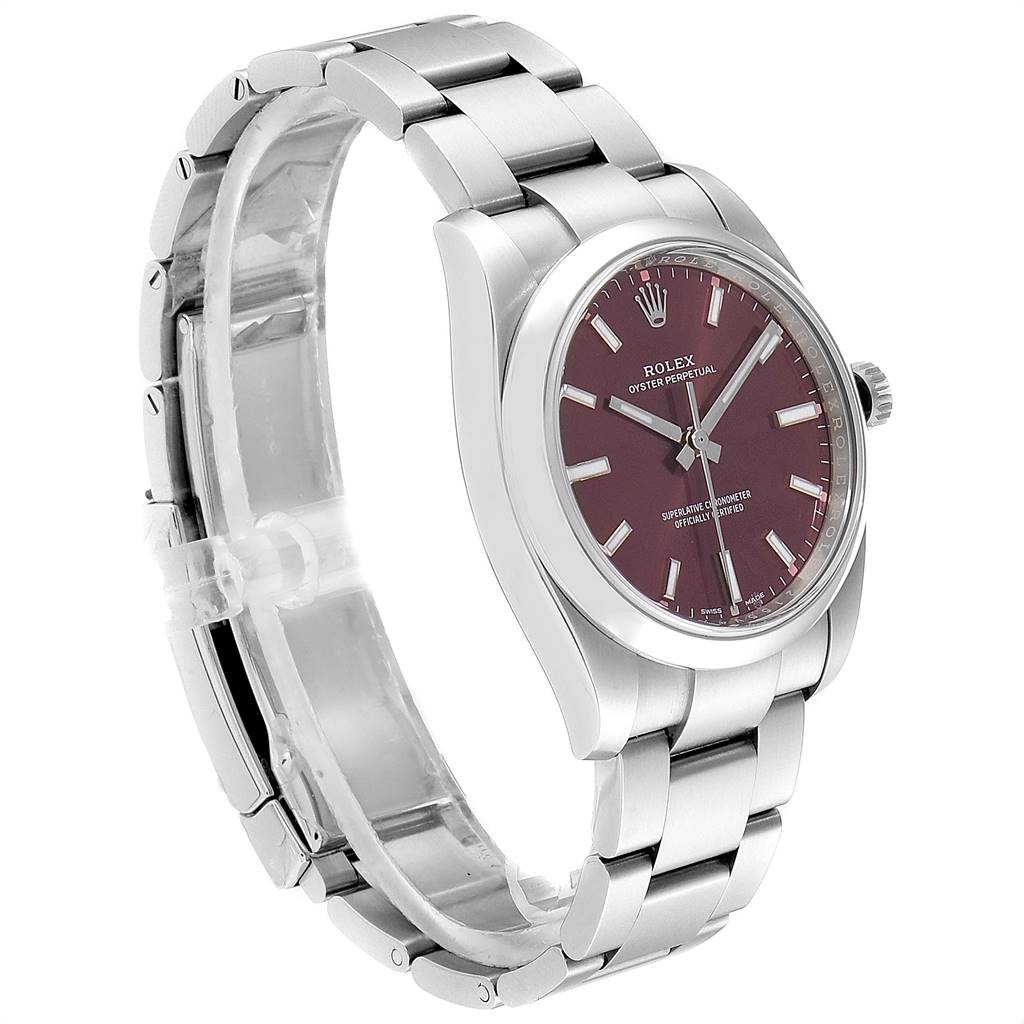 The Rolex Oyster Perpetual 114200 Men's Stainless Steel Burgundy Dial 114200 Men's Stainless Steel Burgundy Dial watch is shown at a slight angle, highlighting its bracelet, case, and purple dial.