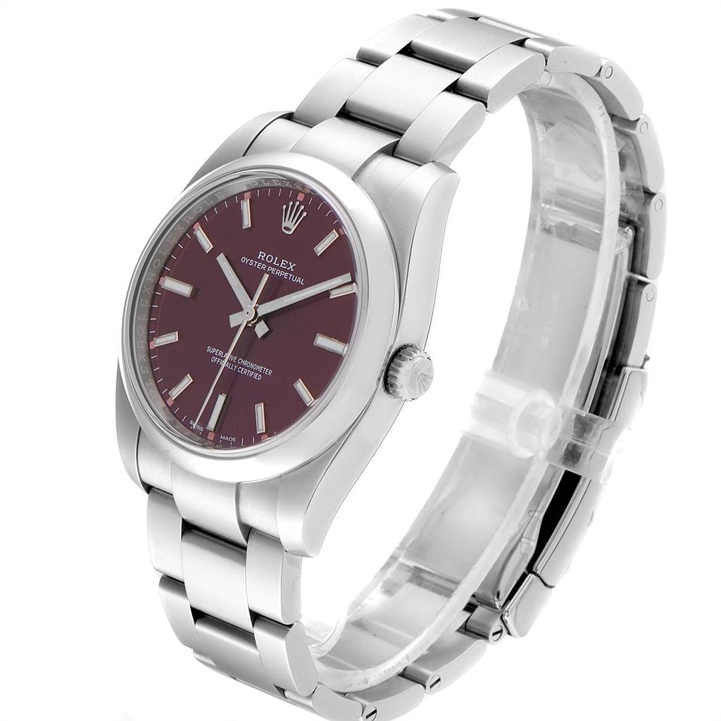 The image shows a Rolex Oyster Perpetual 114200 Men's Stainless Steel Burgundy Dial 114200 Men's Stainless Steel Burgundy Dial watch angled slightly from the left, highlighting the face, bezel, and bracelet.
