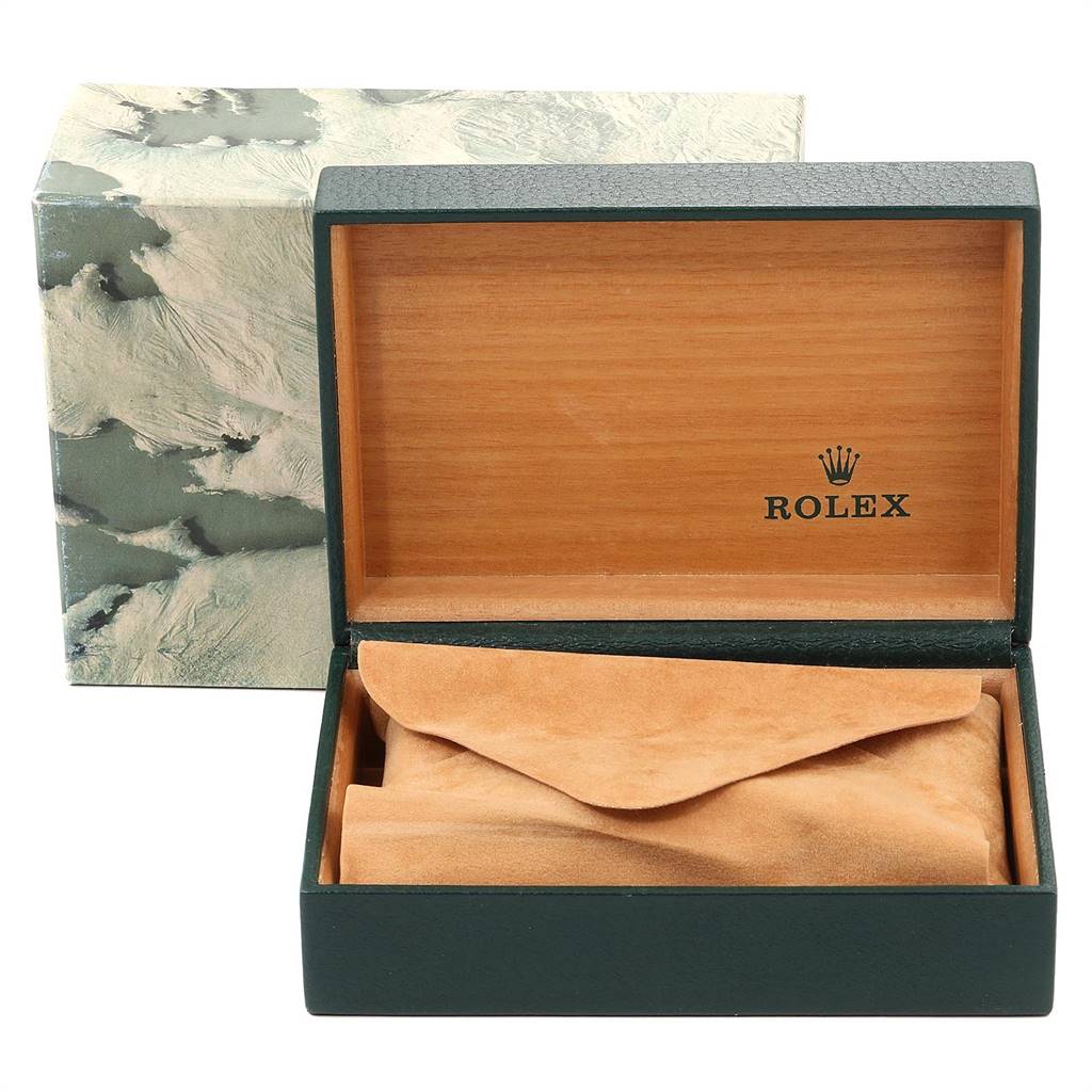 The image shows an open Rolex Oyster Perpetual 14233 Men
s Steel and Gold (two tone) White Dial 14233 Men
s Steel and Gold (two tone) White Dial box with a cushion and an outer box, shot from a frontal angle.