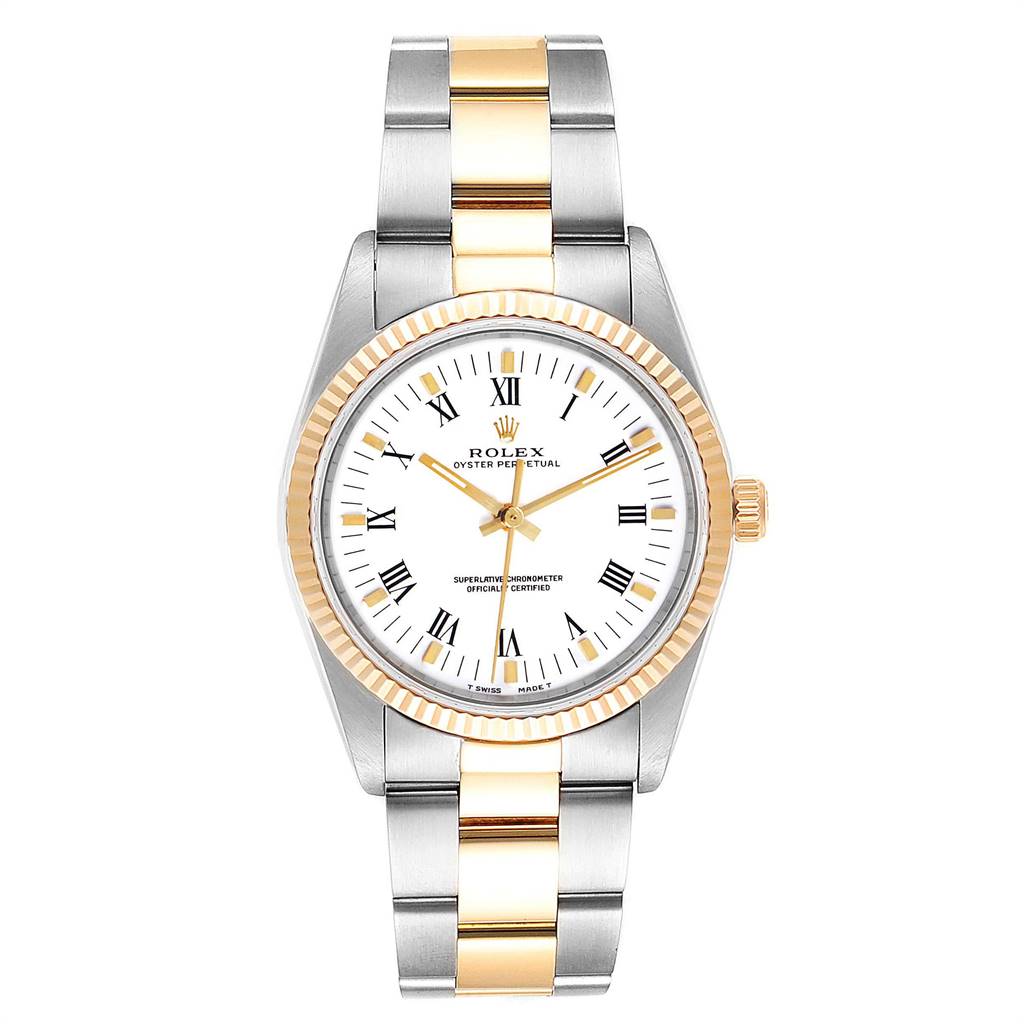 The image shows a Rolex Oyster Perpetual 14233 Men
s Steel and Gold (two tone) White Dial 14233 Men
s Steel and Gold (two tone) White Dial watch from a top-down angle, highlighting the face, bezel, and two-tone bracelet.