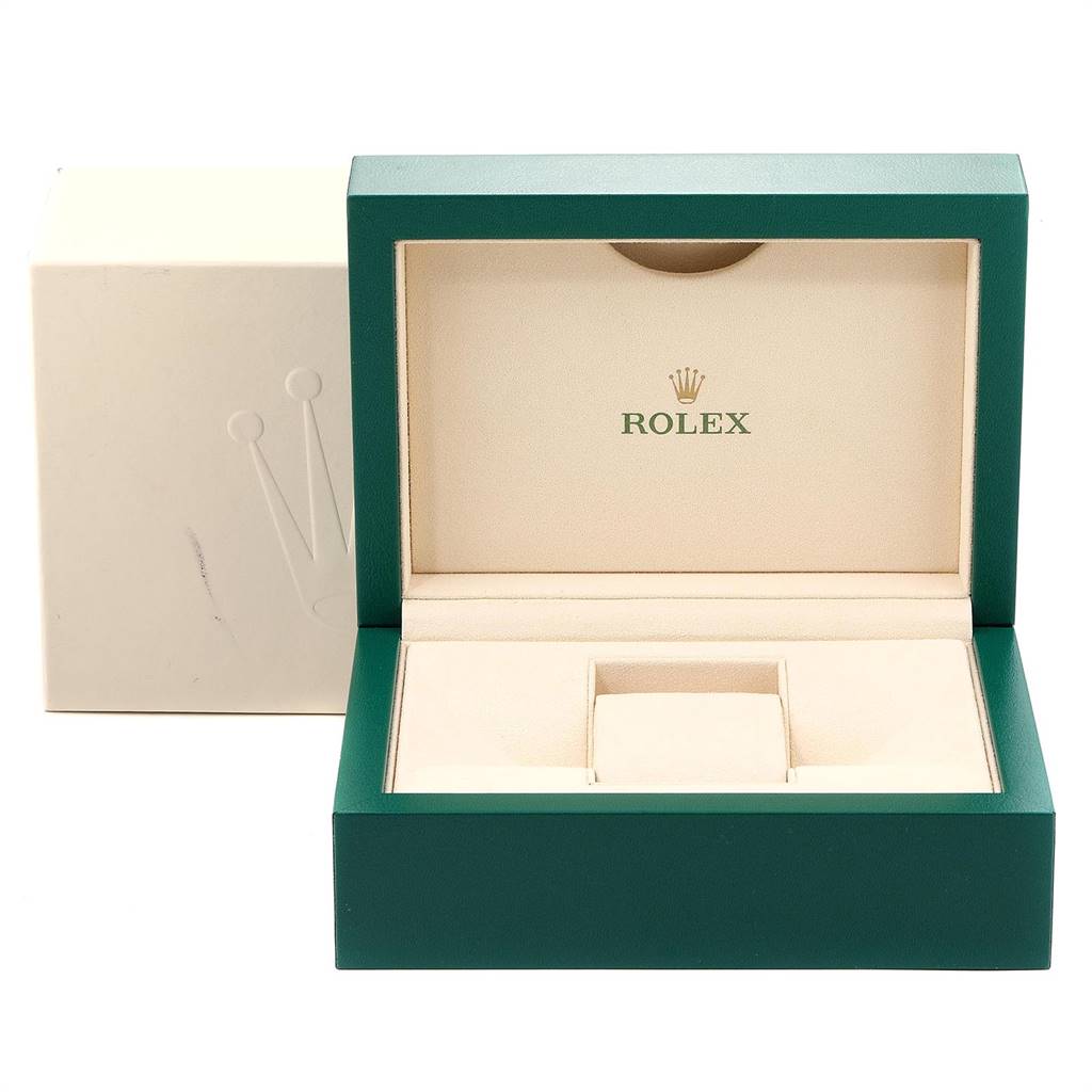 This image shows an open Rolex Oyster Perpetual 116000 Men's Stainless Steel Grey Dial 116000 Men's Stainless Steel Grey Dial watch box, with its exterior and interior packaging visible.