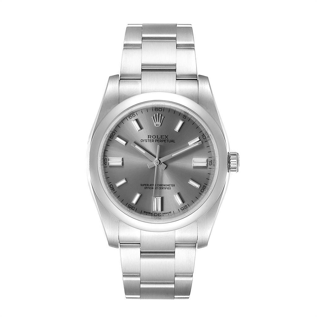 The image shows a front view of a Rolex Oyster Perpetual 116000 Men's Stainless Steel Grey Dial 116000 Men's Stainless Steel Grey Dial watch, highlighting its face, bezel, and bracelet.