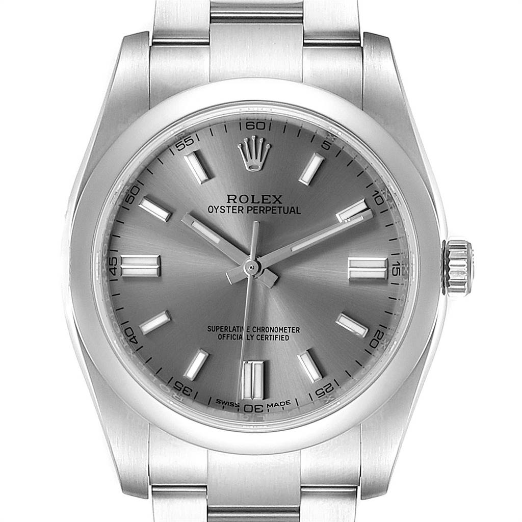 The image shows a front view of the Rolex Oyster Perpetual 116000 Men's Stainless Steel Grey Dial 116000 Men's Stainless Steel Grey Dial watch, featuring its dial, hands, crown, and part of the bracelet.