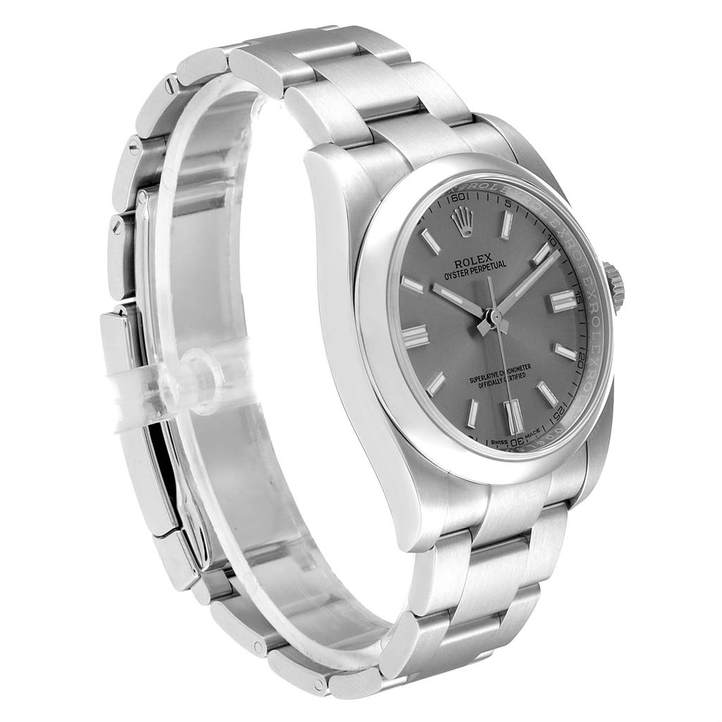 The image shows a side angle of a Rolex Oyster Perpetual 116000 Men's Stainless Steel Grey Dial 116000 Men's Stainless Steel Grey Dial watch, highlighting its bracelet, case, and grey dial.