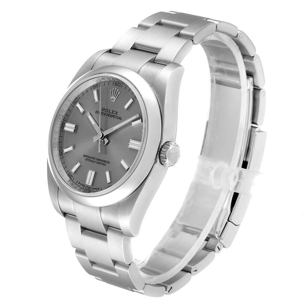 This image shows a side and front angle of a Rolex Oyster Perpetual 116000 Men's Stainless Steel Grey Dial 116000 Men's Stainless Steel Grey Dial watch, highlighting its face, bezel, and bracelet.