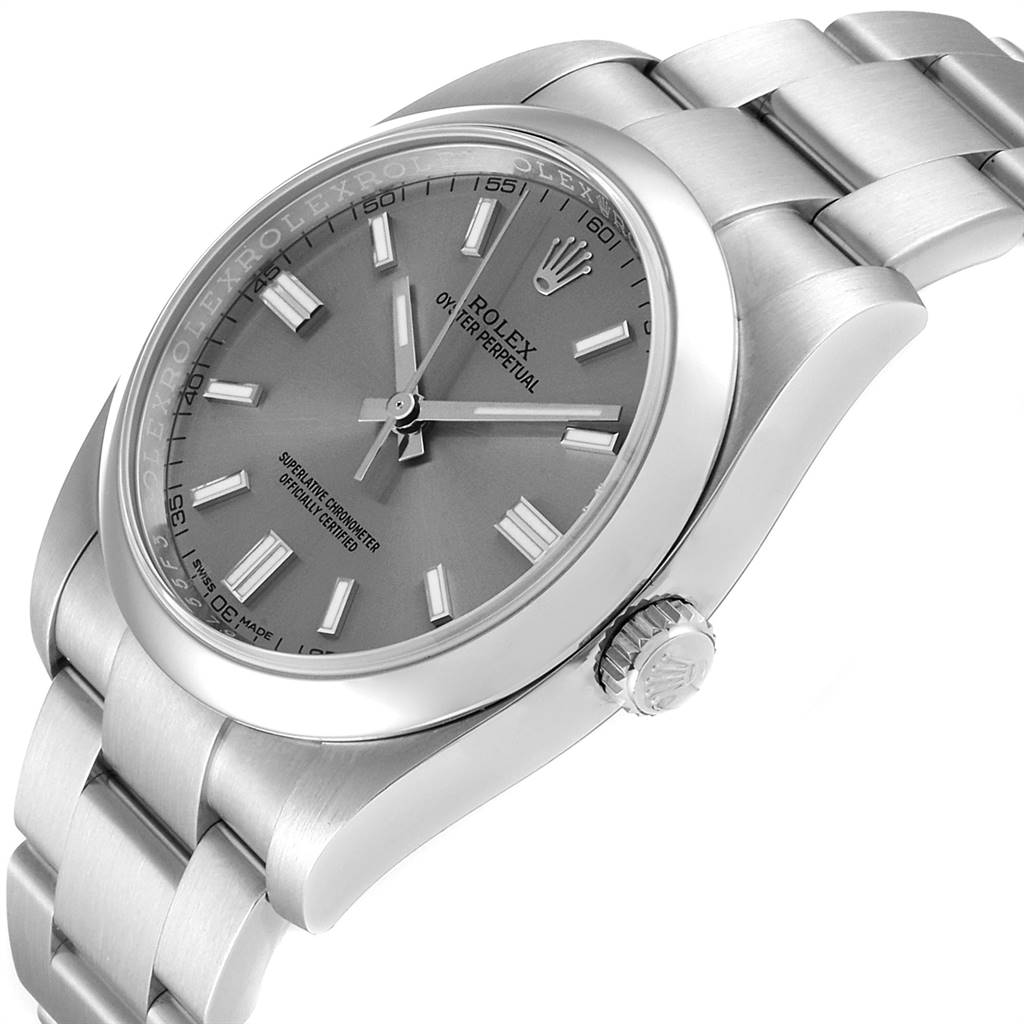 The image shows a Rolex Oyster Perpetual 116000 Men's Stainless Steel Grey Dial 116000 Men's Stainless Steel Grey Dial watch at a slight side angle, highlighting the face, bezel, crown, and bracelet.