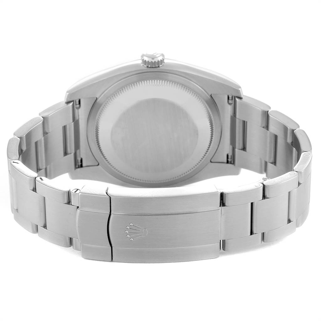 This image shows the back case and bracelet clasp of a Rolex Oyster Perpetual 116000 Men's Stainless Steel Grey Dial 116000 Men's Stainless Steel Grey Dial watch at a rear angle.