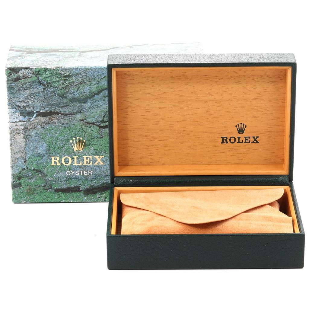 The image shows an open Rolex Oyster Perpetual 14233 Men
s Steel and Gold (two tone) Champagne Dial 14233 Men
s Steel and Gold (two tone) Champagne Dial watch box and pouch, with the outer packaging in the background.