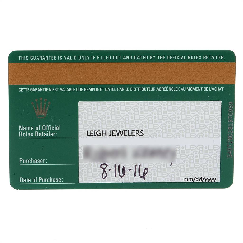 The image shows a guarantee card for an Oyster Perpetual model by Rolex from Leigh Jewelers, dated 8-10-16.