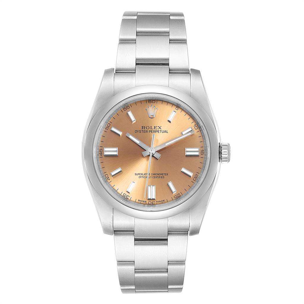 This image shows a front view of the Rolex Oyster Perpetual 116000 Men
s Stainless Steel Champagne Dial 116000 Men
s Stainless Steel Champagne Dial watch with a silver bracelet and a champagne dial.