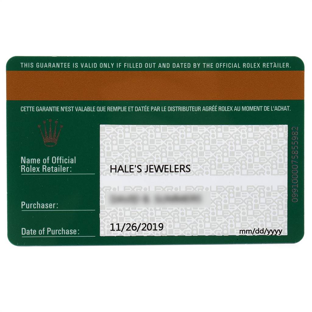 This image shows a warranty card for a Rolex Oyster Perpetual 114200 Men's Stainless Steel Black Dial 114200 Men's Stainless Steel Black Dial watch with retailer and purchase date information.