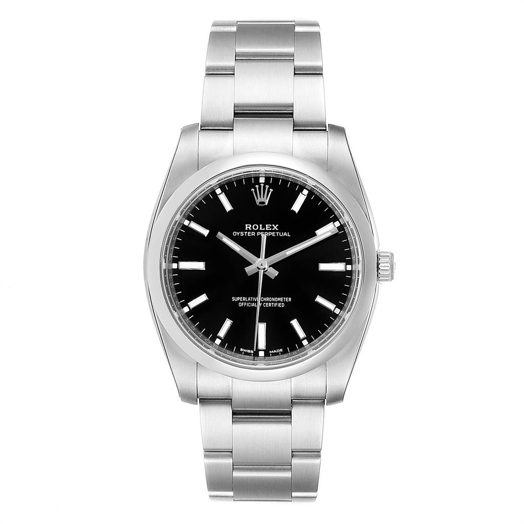 The image shows a front view of the Rolex Oyster Perpetual 114200 Men's Stainless Steel Black Dial 114200 Men's Stainless Steel Black Dial watch, displaying its black dial, hour markers, and stainless steel bracelet.