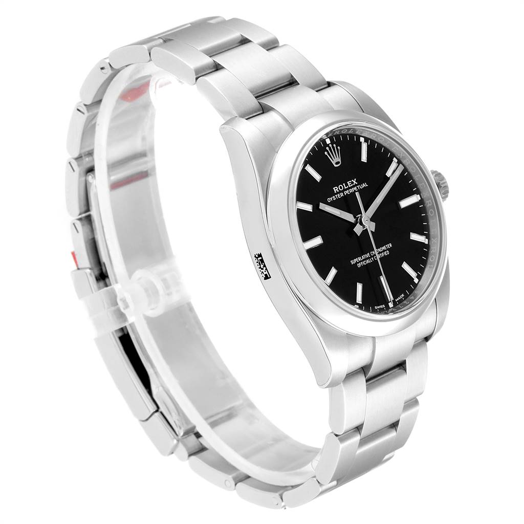 The image displays a side-angle view of the Rolex Oyster Perpetual 114200 Men's Stainless Steel Black Dial 114200 Men's Stainless Steel Black Dial watch, showcasing its silver bracelet and black dial.